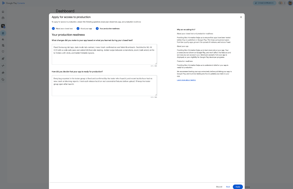 Play Console step 3: Your production readiness